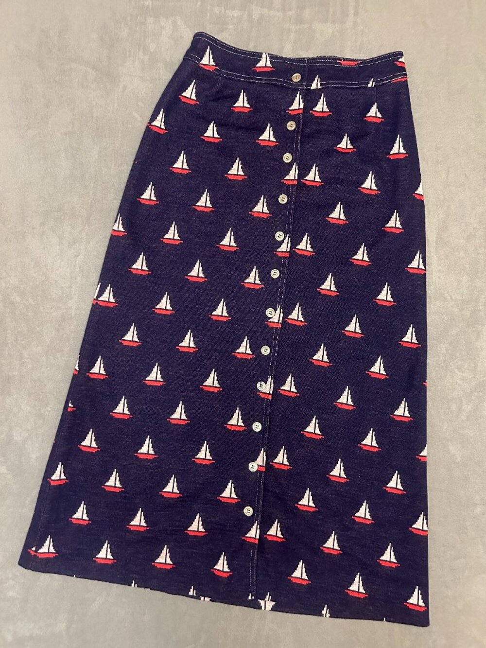 Vintage Nautical Jersey Knit Sailboat Skirt by Crazy Horse with Button Front